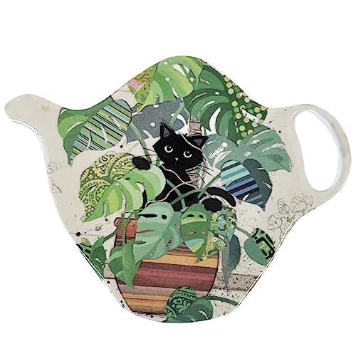Reposa bolsa de té, diseño de gato escondido en una planta grande, melamina de calidad