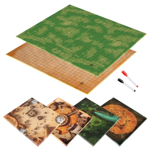 CZYY DND Foldable Mat Dry Erase TTRPG Map Grassland & Desert Two-Sided Cardboard Terrain 27x23 Inches with Square Grid - Portable, Reusable Game Board for D&D, Pathfinder and Tabletop RPGs (Style A)