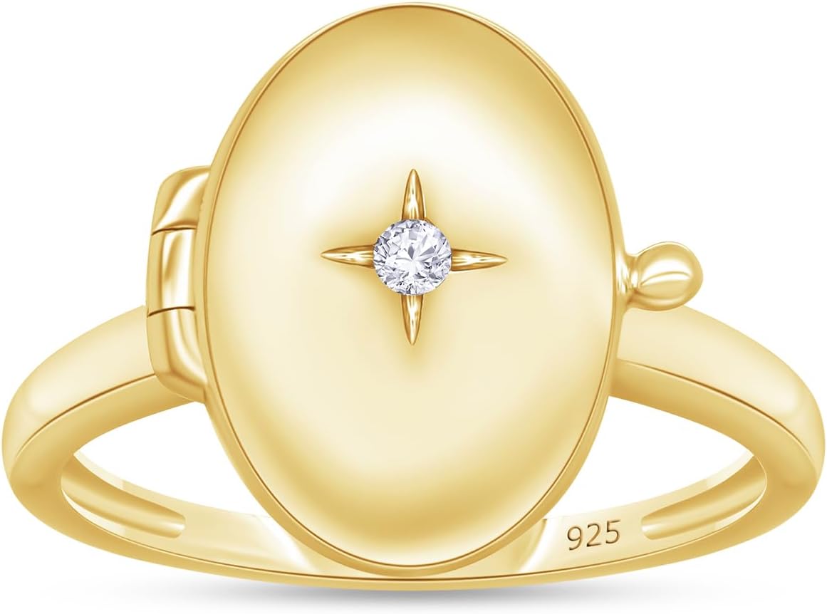 Jewel Zone US White Natural Diamond Accent Oval Locket Ring in 14k Gold Over Sterling Silver
