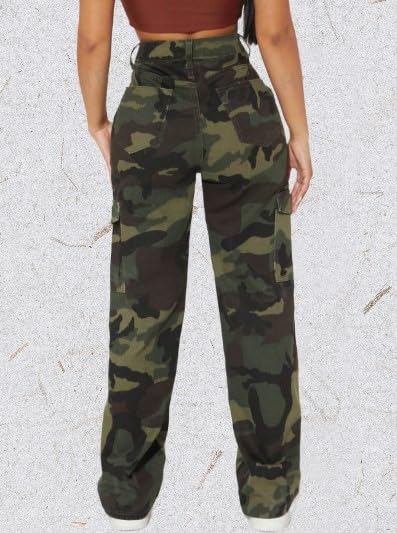 Generic Camouflage Cargo Jeans with Straight Leg Cut, High Waist Fit, Multi-Color Print, Multiple Pockets3