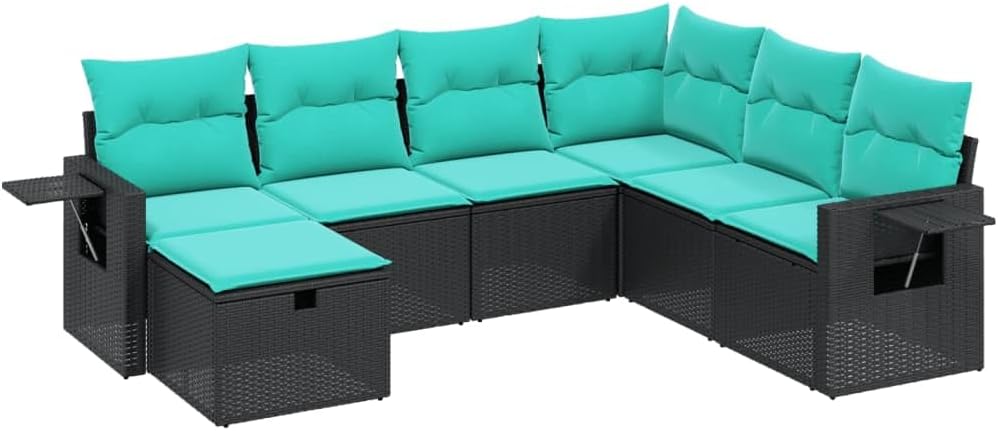 vidaXL Patio Sofa Set with Cushions, Black Poly Rattan, 7 Piece Outdoor Furniture for Garden, Patio, Terrace, Modular Design, Weather-, Comfortable Seating with Washable Blue Covers