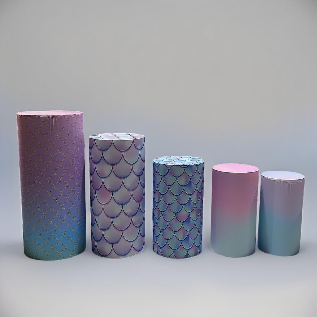 KONPON Set of 5 -Little Mermaid Theme Cylinder Pedestal Covers,Flexible Cylinder Stand Covers for Dessert Table Kids Under The Sea Party Decoration-Only Cylinder Covers