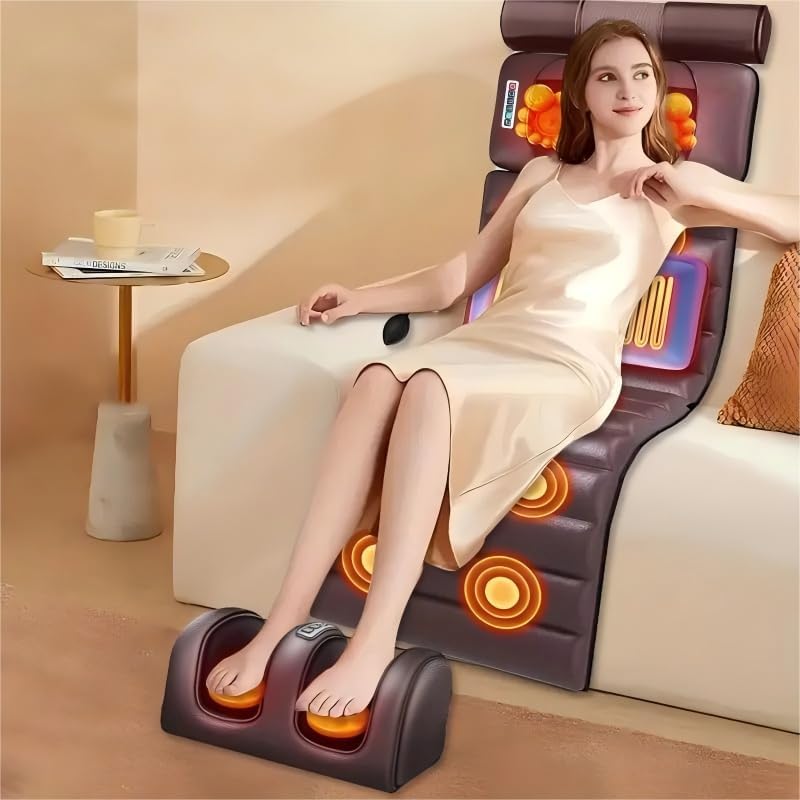 Full Body Massage Mat with Heat and Vibration, 10-Node Back Massager with Foot Roller & Neck Pillow, Multi-Zone Heating Pad for Muscle Relax