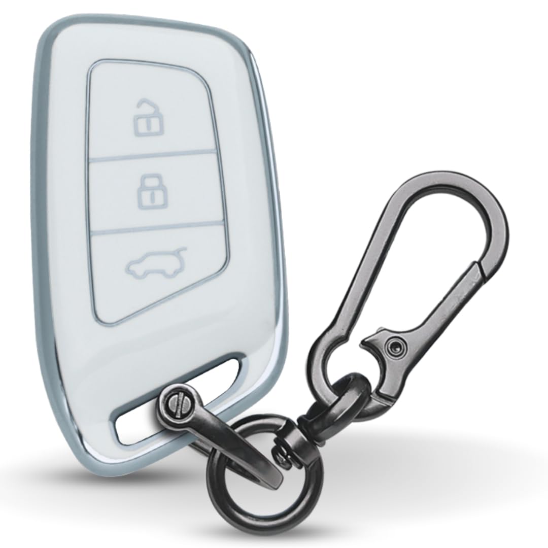 KEYCEPT Silver Line TPU Key Cover Compatible with MG Hector | Astor | Gloster | Windsor EV 3 Button Smart Key with Keychain. (Type 1, White)-image-45