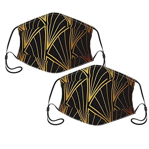 Art Deco,Gold,Black,Pattern-1 Reusable Couple Face Masks With 2 Filters, Washable Fashion Balaclava Adjustable Ear Hooks Soft And Breathable Outdoor Dust And Windproof Face Mask