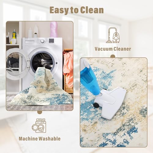 Carvapet 12x9 Area Rug for Living Room Bedroom – Washable 9 x 12 Blue Modern Abstract Carpet, Low Pile, Non-Slip, Foldable Large Area Rug with Rubber Backing