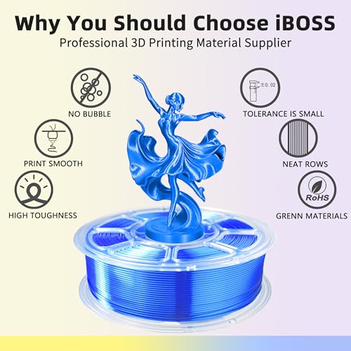 Image of iBOSS Silk PLA Plus Filament 1.75mm Blue 1KG, Shiny Silk 3D Printer Filament Dimensional Accuracy + /- 0.02mm, 1kg Spool(2.2lbs) 3D Printing Filament Fits for Most FDM 3D Printers