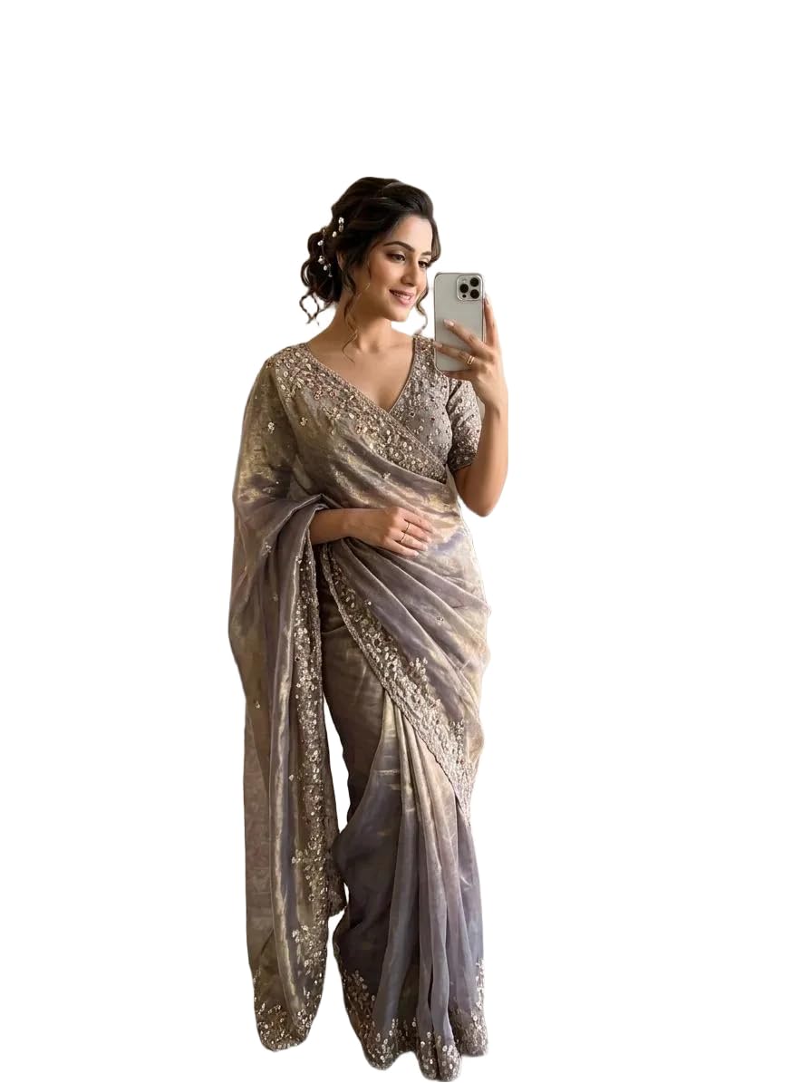 Womens Soft Fandy Satin Silk Saree with Embroidery Sequins Work and Stitched Satin Silk Blouse Traditional Ethnic Wear-picture-49