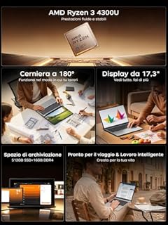 ACEMAGIC 2026 Pc Portatile 17.3 Pollici 16 GB RAM DDR4 512 GB SSD,4 nuclei Processore 4300U,Fino a 3,7GHz,Oltre N150/N95/3500U,5500Mah,Wi-Fi 5,BT5.0,3*USB 3.2,HDMI,Notebook Argento