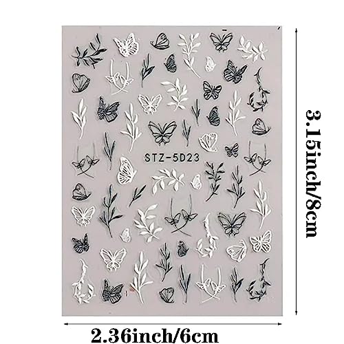 6Pcs Flower Nail Art Stickers Decals 5D Engraved Butterfly Rose Leaf Sliders White Black Nail Rose Nail Art Supplies Designs For Nail Art Decoration (Rose&Leaf) #TOP3
