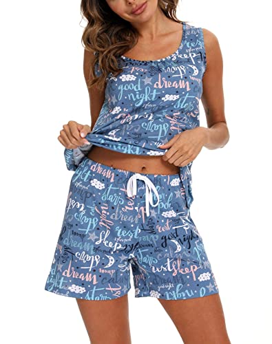 Enjoynight Women's Cute Sleeveless Print Tee And Shorts Sleepwear Tank Top Pajama Set (Bl Letter,3X-Large) #TOP1
