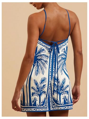 MakeMeChic Women's Tropical Print Halter Dress Tie Backless Spaghetti Strap Boho Short Dresses2