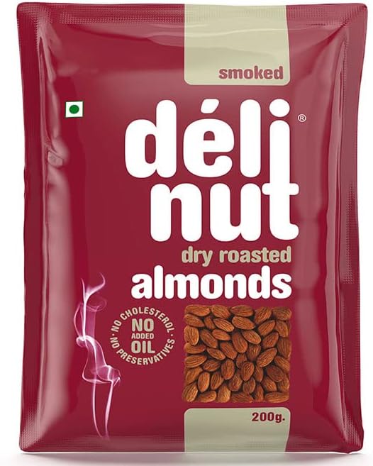 Delinut Dry Roasted Smoked Almonds 200g | Smoky & Crunchy Badam | FOST Flavour Lock Technology | Nitrogen Flushed | Rich in Protein & Fiber | No Added Oil, Colors or Preservatives
