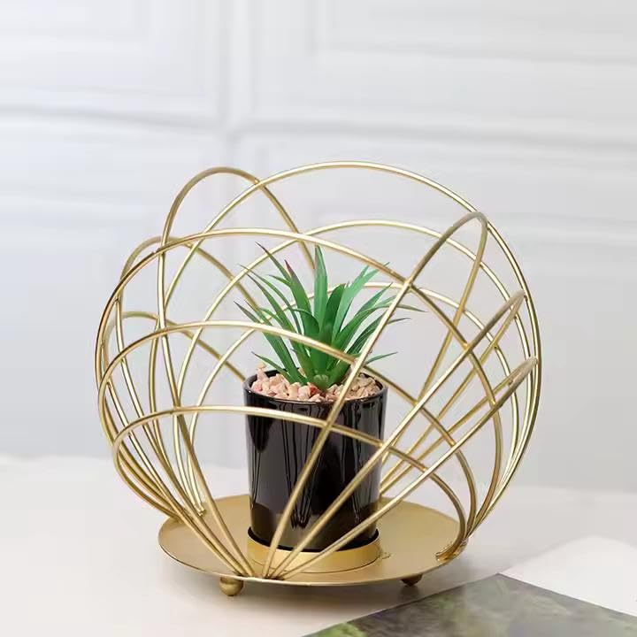 NOVABAZAAR Modern Geometric Plant Stand, Gold Metal Wire Sphere Design, Decorative Indoor Planter Holder 3