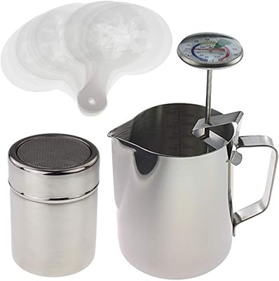 Barista Kit Includes Milk Thermometer, 600ml Jug, Cocoa Shaker and 16pc Stencil Set - Ideal For Coffee Latte Cappuccino Mocha