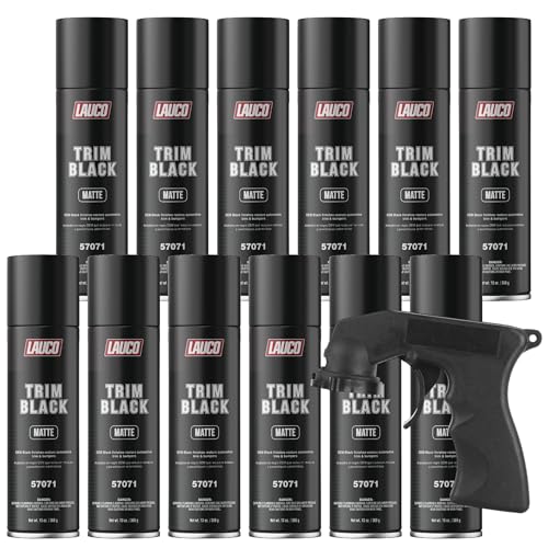 LAUCO Trim Black Matte 13 oz. Automotive Spray Paint Can with Gun - Pack of 12 - Black Car Spray Paint with Matte Finish - Designed for Plastic Aluminum Steel and Stainless Steel- 57071