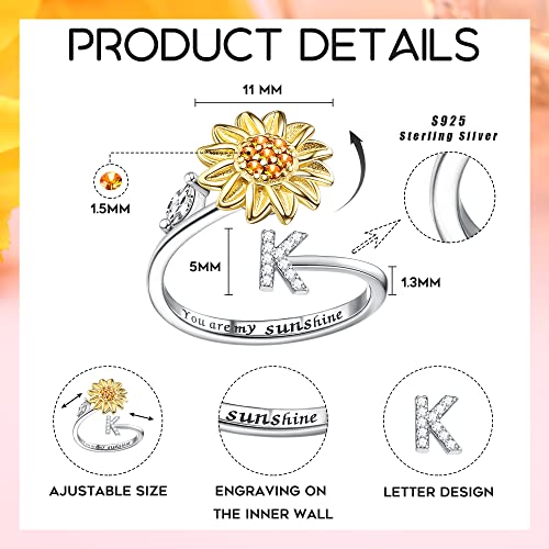 Lolias Fidget Anxiety For Ring Adjustable Spinner Ring Stress Relieving Ring Sterling Silver Cz Letter Engraved Ring Jewelry Gift K #TOP1