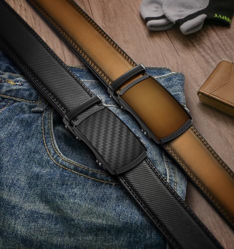 Image of BULLIANT Men's 2-Pack Ratchet Leather Belt Trimmable 1 3 /8 inch-Gift Boxed