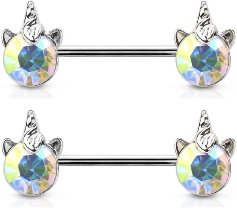 Pierced Owl 14GA 316L ステンレススチール クリスタル ユニコーン ヘッドエンド ニップル バーベル ペアで販売