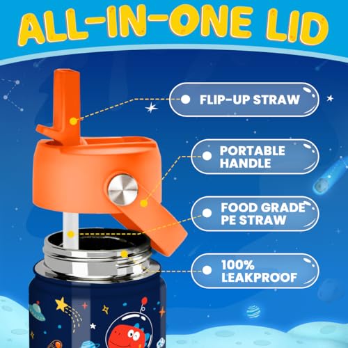 Image of Kids Water Bottle with Straw Lid - 12 Oz Insulated Stainless Steel Dinosaur Water Bottles for Kid Boys - Travel Cup for School Sports