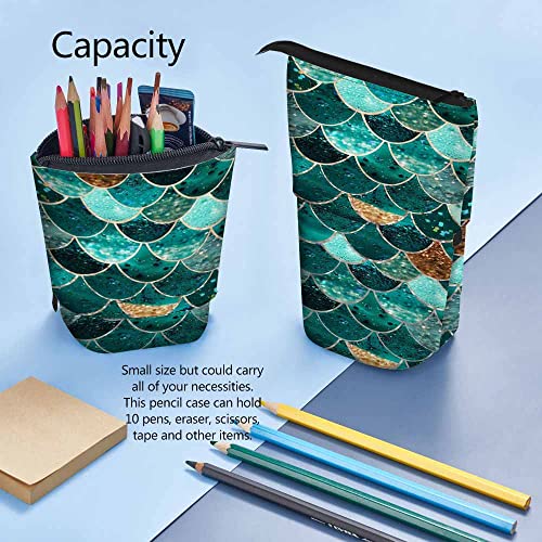 Image of Swono Mermaid Scale Pencil Holder Beautiful Fish Scale Teal Stand Up Pencil Case Organizer Pencil Pouch Makeup Bag Gift