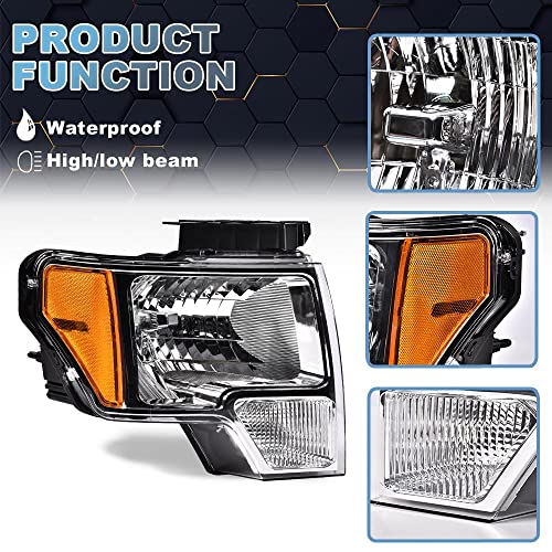 Pit66 Headlight, Compatible With 2009-2014 Ford F150, Left And Right Oe Style Pickup Truck Driver & Passenger Clear Lens Chrome Housing Amber Reflector #TOP4