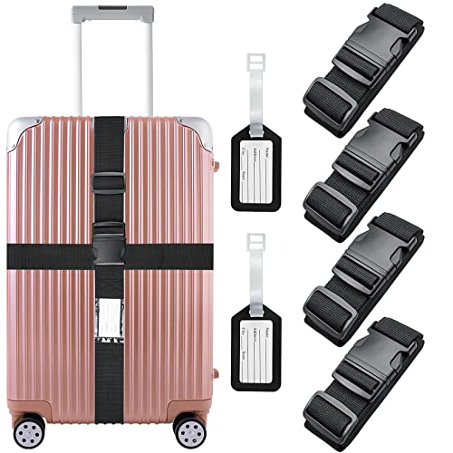 4 Stück Koffergurt Kofferband, 4x2M Schwarz Gurt Gepäckgurt mit 2 Stück Kofferanhänger, Koffer Gurt Koffer Band Luggage Strap rutschfest Gepäckband für Koffer Cover
