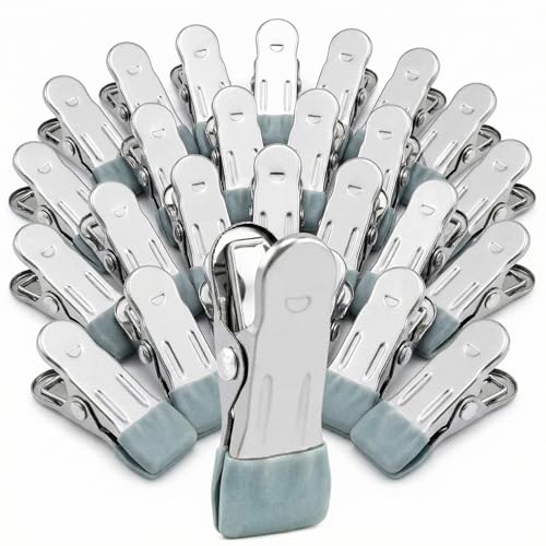 QWORK 30PCS Stainless Steel Clothes Pegs Multifunctional Soft Grip Clothes Clips Laundry Pegs Food Pegs for Socks Shoes Towels Food Sealing Photos (Gray)