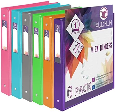 6 Pack 1”Inch Round 3 Ring Binder View Binders with 2 Pockets,Holds 225 Sheets Assorted Colors for Office,Home,School …