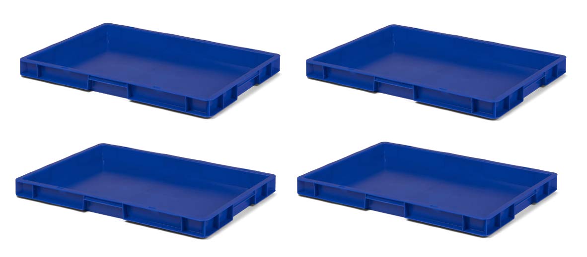 1a-TopStore 4 Stk. Transport-Stapelkasten TK650-0, blau, 600x400x50 mm (LxBxH), aus PP, Volumen: 7,7 Liter, Traglast: 30 kg, lebensmittelecht, made in Germany, Industriequalität