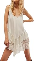TUWIXIUW Women's Satin Lace Mini Slip Dress - Sleeveless Patchwork Tiered Babydoll Flowy Short Dress Y2K Style