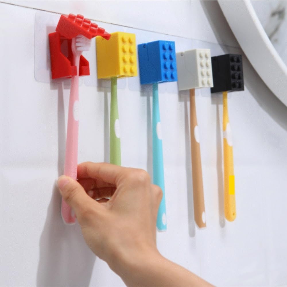 Portacepillos De Dientes para Baño Y Ducha Tenedor Montado En La Pared del Cepillo De Dientes Ningún Diseño Forma Bloque Requerido Perforación(Blue)