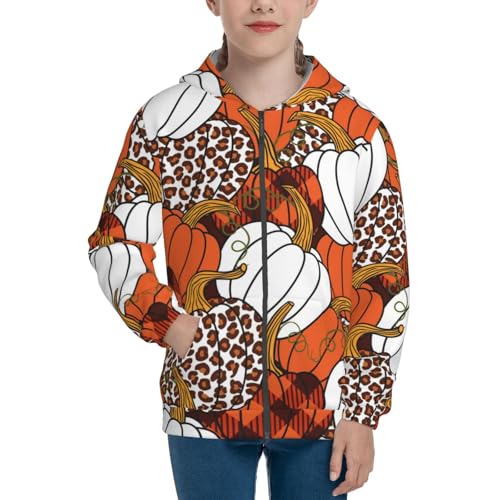Various Pumpkins Leopard Orange White Kids Pullover Hoodies Boys Zip Up Sweatshirts Girls Athletic Clothes with Pocket3