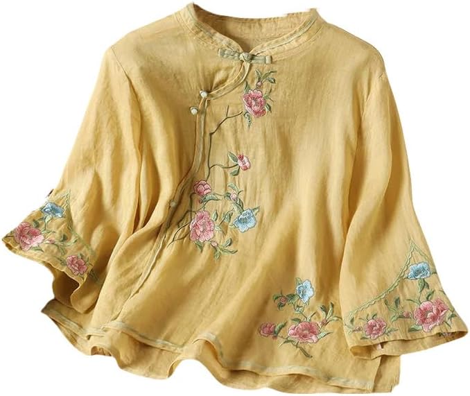 Women's National Style Spring Summer Cotton Linen Shirt Embroidered Retro Asymmetrical Frog Button 3/4 Sleeve Top