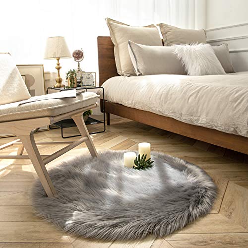 Ashler Faux Fur Rug, Fluffy Shaggy Area Rug Ultra Soft 3 x 3 Feet Round Fur, Grey Fuzzy Rug Machine Washable Shag Rug, Nursery Decor Throw Rugs for Bedroom, Kids Room, Living Room by Ashler Home Deco - Image 2