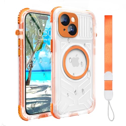Evcing for iPhone 15 Waterproof Case Compatible with MagSafe Translucent Slim IP68 Underwater Built-in Screen Protector 12FT Military Grade 360 Full Body Protective Cover 6.1 inch (Orange)
