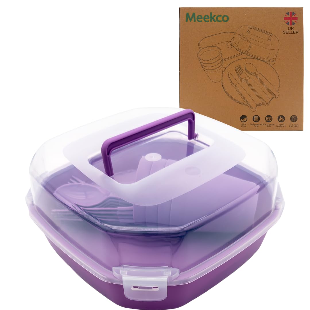 Meekco Camping Plates and Cutlery Set with Storage Box & Insulated Bag – 20 Piece Reusable BPA Free Dinnerware, Microwave & Dishwasher Safe (Purple)