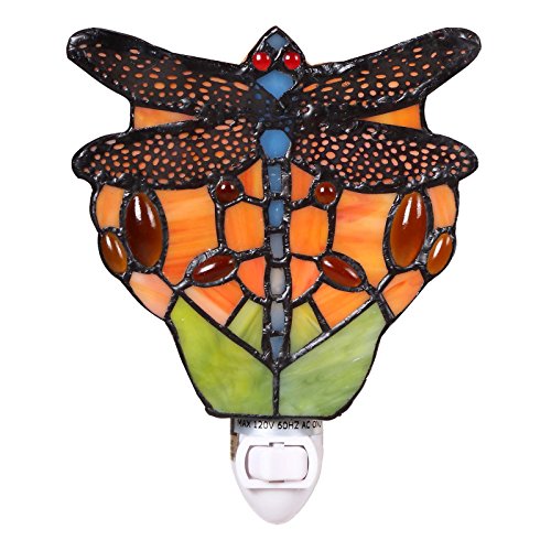 Bieye L11401 Dragonfly Tiffany Style Stained Glass Night Light Wall Lamp With 5 Inch Wide Handmade Lampshade, Red #TOP1