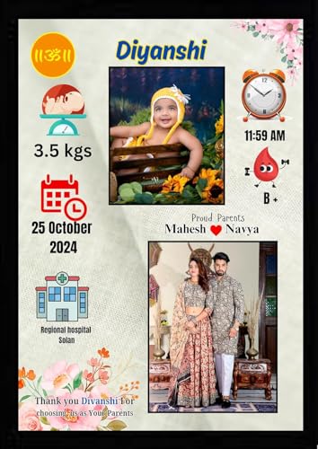 Image of Personalized Baby Birth Announcement Photo Frame, Marble Design with Birth Details and Parents Photo, A4 Size Black, 2 Photo(s), 10 X 13 Send photos WP -8905457154, Order id, Birth Memory Photo Frame (1, Yellow 5)