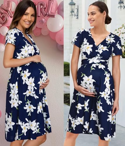 Ouges Women'S Summer Short Sleeve V-Neck Pattern Knee Length Dress With Pockets Casual Summer Dress Sundresses thumb #2