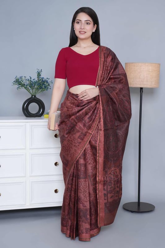 Image of Mlada V-Neck Stretchable Saree Blouse Top for Women | Slim Fit Short Sleeves Solid Cotton Blouses | Readymade Saree Blouses for Women Festive & Ethnic | Blouse Crop Top