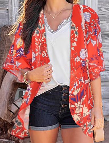Women's Floral Print Puff Sleeve Kimono Cardigan Loose Cover Up Casual Blouse Tops - Image 3