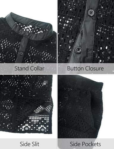 FEOYA Men's 2 Piece Hollow Out Lace Long Sleeve Button Down Shirt Elastic Waist Shorts Outfits Tracksuit 5