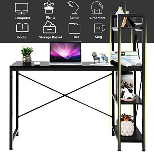 Tangkula Computer Desk With 4 Tier Shelves, Study Writing Table With Storage Bookshelves, Modern Compact Home Office Workstation, 47.5" Tower Desk With Steel Frame & Adjustable Feet Pad, Black #TOP7