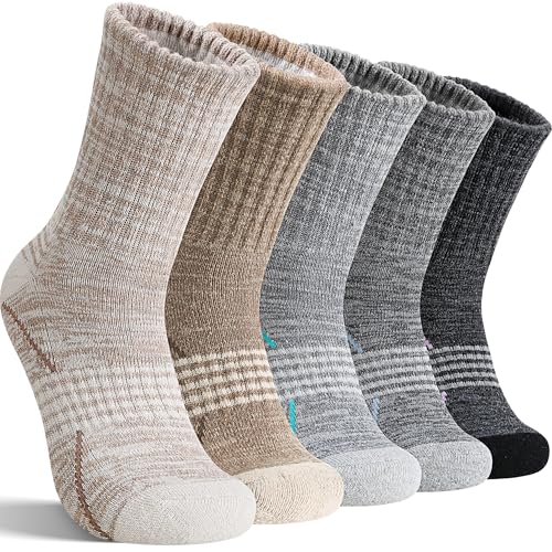 Sandsuced Merino Wool Hiking Socks Thermal Warm Winter Cozy Outdoor Crew Socks 5 Pairs Gift Stocking Stuffers for Women Men(Black/Khaki/Gray,M)
