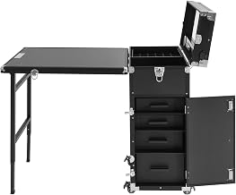 Makeup Case on Wheels Wheels Manicure Table Hairdressing Cosmetic Nail Table Organizer Train Makeup Case with Table and 4 Drawers Black