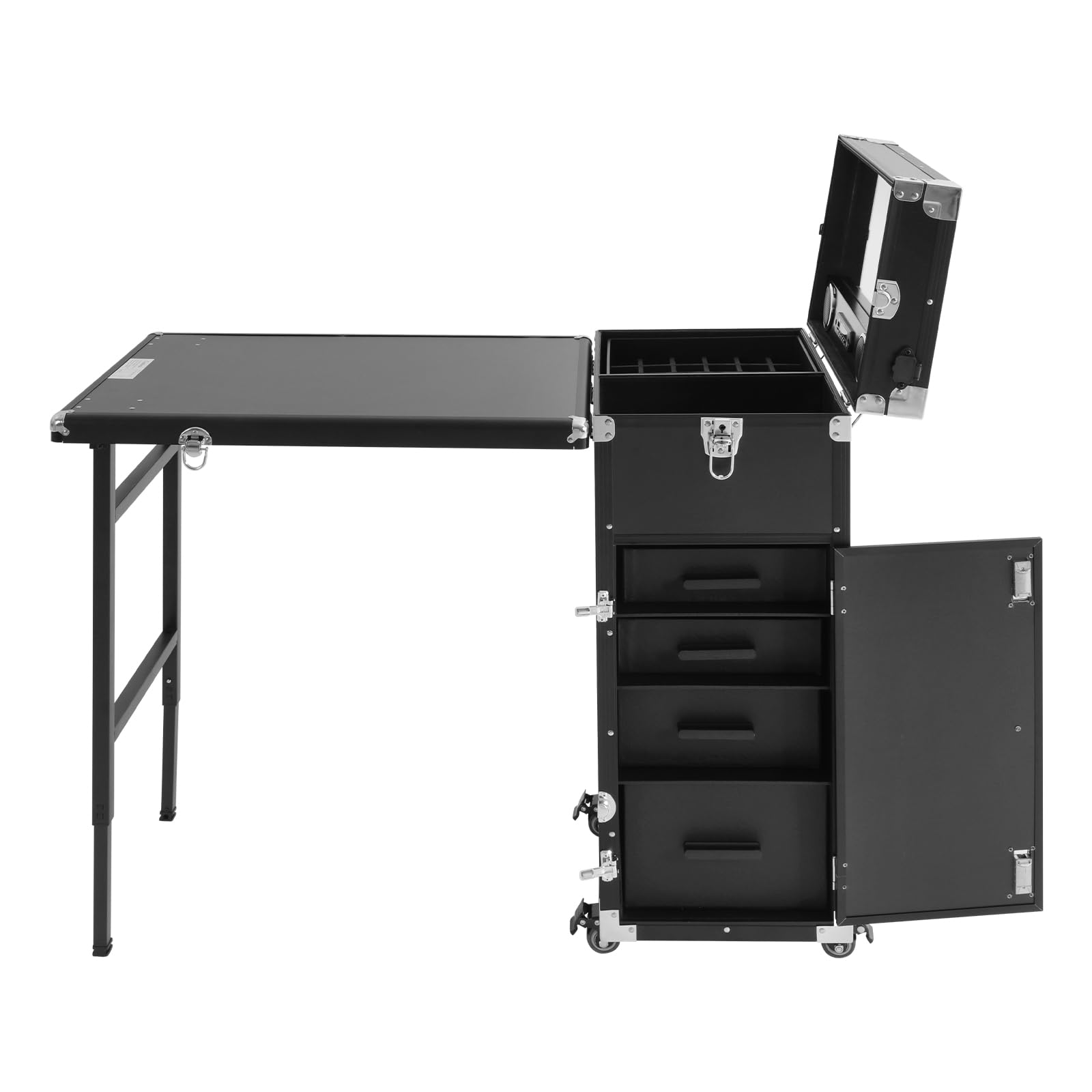 Rolling - Tavolo per manicure, per trucchi, pieghevole, con conservazione, ruote a 360° con freni, per salone di bellezza e uso domestico, Nero , moderno