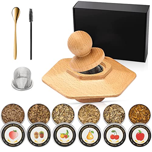 DZANKEN Kit de fumador de cóctel con 6 sabores de virutas de madera para whisky Bourbon kit de fabricación de infusor de fumador de bebida de chimenea antigua para vino queso ensalada de carne Cover