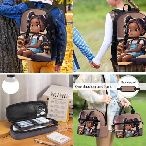 African Black Girls Bookbag Yorkshire Terrier Backpack with Lunch Box 1 Grade/2Nd Grade Afro Kids Book Bag Lunch Bag Kindergarten/Elementary School Bag Lunchbox Pencil Pen Case School Bag2