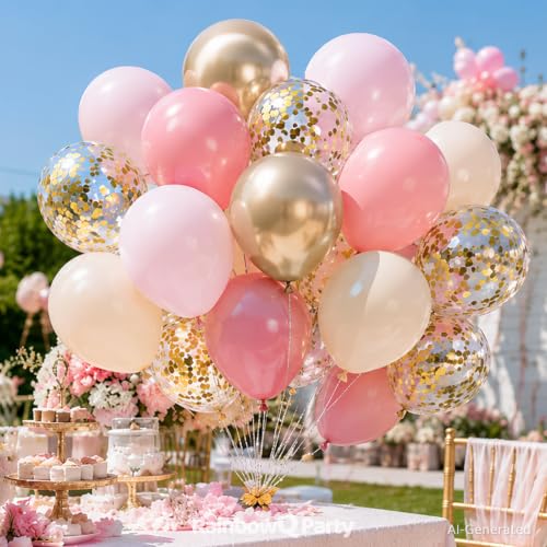 Image of Metallic Pink and Gold Balloons 12 Inch 67PCS Sand White Champagne Confetti Latex Helium Balloons Set for Anniversary Wedding Birthday Party Decorations